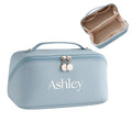 Personalized Large Makeup Bag - Embroidered Blue PU Leather