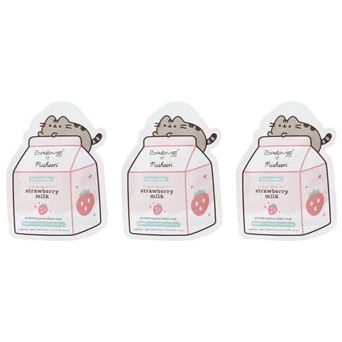 The Cr?me Shop x Pusheen Printed Essence Sheet Mask - Formulated with Collagen, Lactic Acid, and Strawberry for Glowing, Moisturized Skin (Strawberry Milk) (Pack of 3)