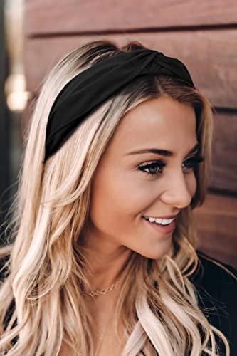 WOVOWOVO Top Knotted Headbands for Women Girls, Twist Wide Head Bands Yoga Non Slip Fashion Elastic Hairbands for Women's Hair Accessories (Black)