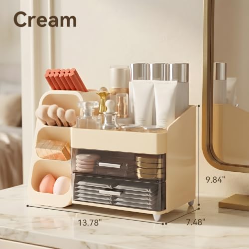 Large Makeup Organizer with Brush Holder & 2 Drawers - Cream