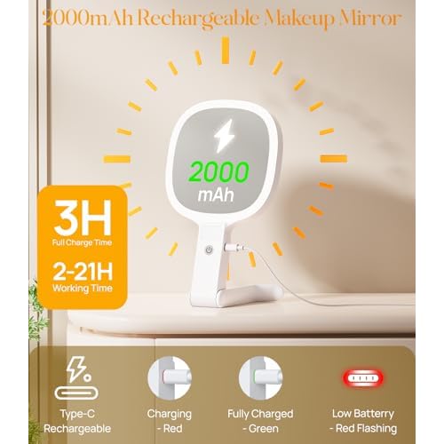 Gospire 6.8" Travel Vanity Mirror, 3-in-1 Hanging/Handheld/Desktop Use with Dual-Side Buttons, 1X/10X Magnification, 3-Color Dimmable LED, Auto Memory + Velvet Pouch (White)