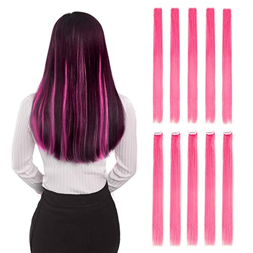 Colored Clip in Hair Extensions 20" 10pcs Straight Fashion Hairpieces for Party Highlights Pink