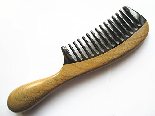 Myhsmooth Gb-yb-mt Wide Tooth Handmade No Static Black Buffalo Horn Comb with Green Sandalwood Handle (Rounded)