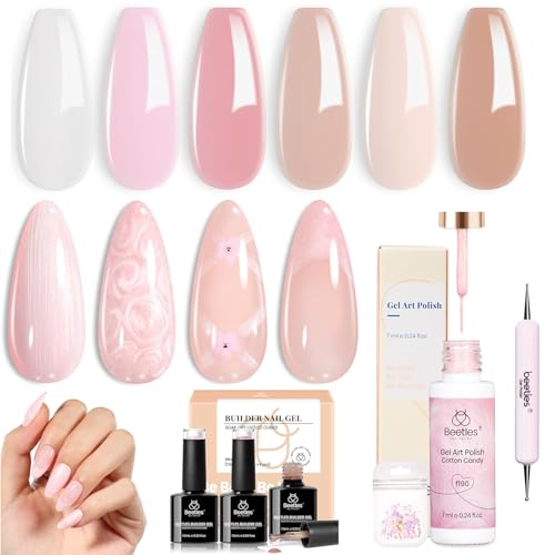 beetles Builder Gel 6 Colors 7 in 1 Strengthener Gel with Pearl Pink Gel Liner Nail Polish