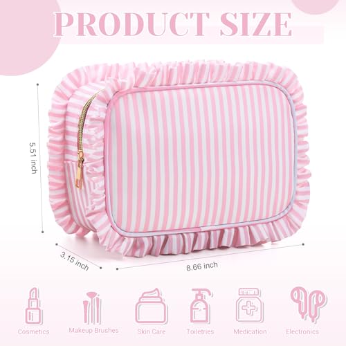 Kigeli Striped Ruffle Makeup Bag Preppy Makeup Pouch Large Travel Cosmetic Bag Nylon Waterproof Toiletry Make up Organizer for Women (Pink)