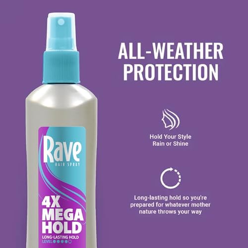 rave 4X Mega Long-Lasting Firm Hold Hair Spray for Heat Protection, Volume and Shine - 24 Hour Hold & Anti Humidity Spray for Hair - Minimizes Frizz - Unscented & Non Aerosol - 11 Fl Oz (Pack of 3)