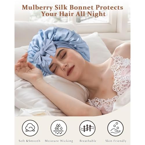 100% Mulberry Silk Bonnet for Sleeping Women Double Layer Silk Hair Bonnet Natural Silk Sleep Cap with Elastic Reversible Hair Wrap (Haze Blue + Sky Blue)