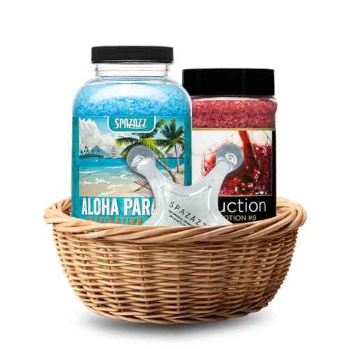 Spazazz Spa and Bath Salt Aromatherapy Crystals for Hot Tub - Gift Bundle Set The Mood Love Potion #9 Seduction 17oz - Destinations Hawaii Aloha Paradise 22oz with 5 Point Full Body Massage Tool