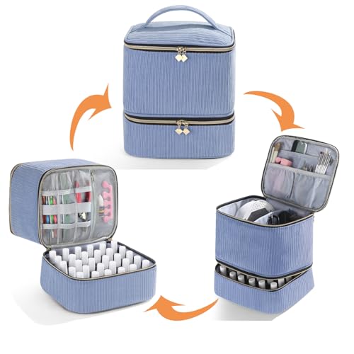 Corduroy Nail Polish Organizer and Nail Lamp Case, Nail Kit Organizer Holds 30 Bottles (15ml - 0.5 fl.oz) and a Nail Lamp, Nail Polish Carrying Case with Manicure Tools Storage Sections (Blue)