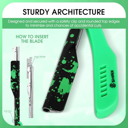 ShaiX Shavette Straight Razor for Men with Pack of 100 Single Blades ? Barber Straight Razor & Straight Edge Razor Kit for Beard Shaving, Line Up & Mustache (Green)