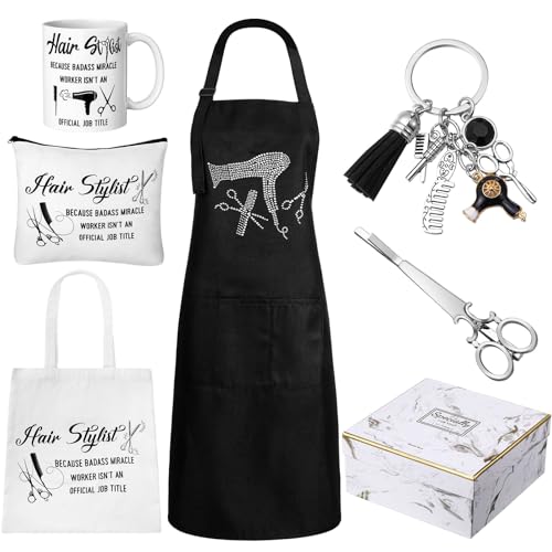 Coume 7 Pcs Hairdresser Gift Set for Women Hairstylist Apron Tote Bag Makeup Bag Mugs Scissors Charm Keychain Scissor Hair Clips and Box for Female Inspirational Appreciation Gifts