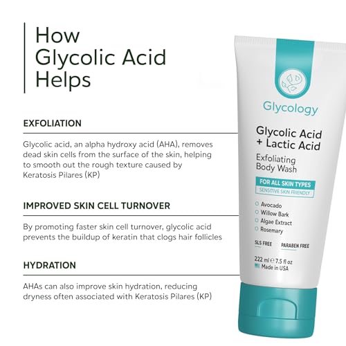Glycolic Acid Body Wash for Keratosis Pilaris Treatment 7.5oz(Made In USA)Lactic Acid Body Exfoliator Cleanser for Rough & Bumpy Skin- KP Treatment for Arms,Legs- Exfoliating Body Wash for Smooth Skin