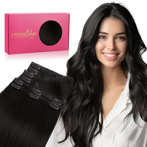 WENNALIFE Invisi Edge Clip in Hair Extensions Real Human Hair, 14 Inch 130g 9pcs Natural Black Seamless Clip in Extensions Remy Hair Clip Ins Invisible Skin Weft Straight Extensiones De Cabello Hmano