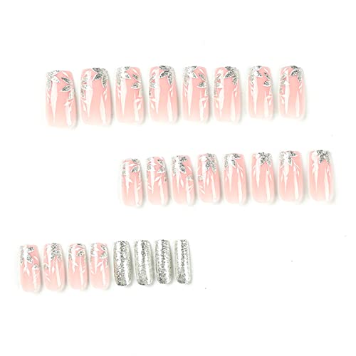 Short Almond Press on Nails Square Fake Nails Flowers Design Glossy Glue on Nails Full Cover False Nails Short White French Nail Tips Artificial Acrylic Nails Summer for Women DIY Nail Art Decorations