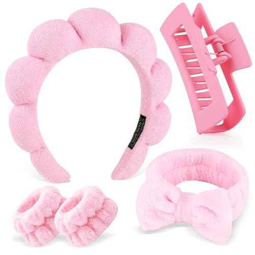 Zkptops 5Pcs Spa Headband for Washing Face Wristband Set Sponge Makeup Skincare Terry Cloth Bubble Soft Hairband Claw Clips for Thick Hair Puffy Padded Headwear Non Slip Hairs Accessory (Pink)