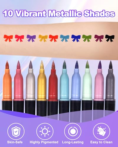 Metallic Temporary Tattoo Pen Kit with 70 Stencils, 10 Colors