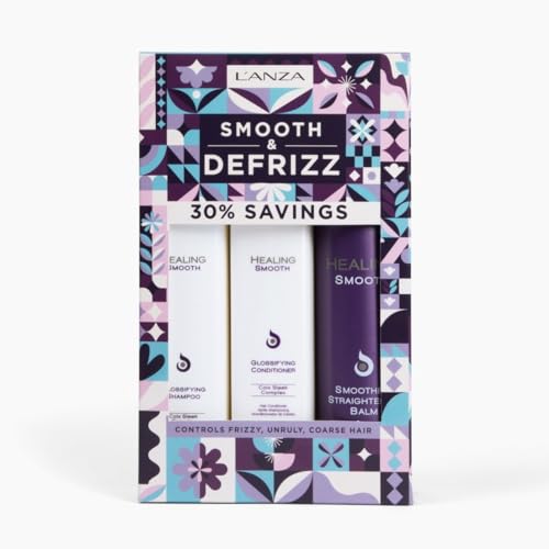 L'ANZA Healing Smooth Trio Hair Kit, Glossifying Shampoo, Conditioner & Smoother Straightening Balm Leave-In Conditioner Hair Serum, Anti Frizz Hair Care Kit in Gift Box (10.1/8.5/8.5 Fl Oz)