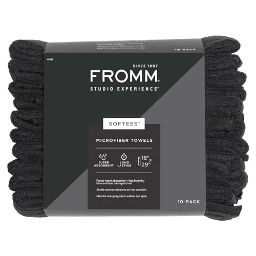 Fromm Softees Microfiber Salon Hair Towels for Hairstylists, Barbers, Spa, Gym in Black, 16" by 29", 10 count Perfect Hair Care Towel for Drying Curly, Long, Wavy Hair