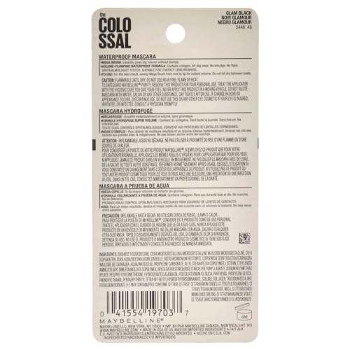 Maybelline Volum' Express Colossal Waterproof Mascara Makeup, Volumizing, Glam Black, 1 Count