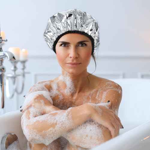 2 Pcs Heat Cap for Deep Conditioning Hair Cap for Oil Treatment Double Layer Aluminum Foil Heat Cap Reusable Steam Cap Processing Caps Shower Cap for Long Thick Hair Dyeing Home Salon Black Blue