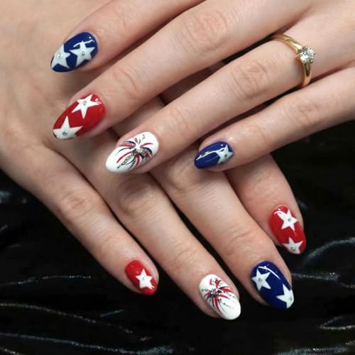 4th of July Press on Nails - Patriotic Almond Design, 30 Pcs