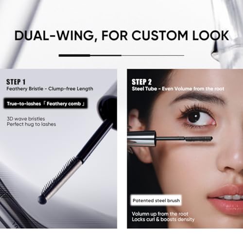 JUDYDOLL Feather Lash Iron Mascara -Serum, Primer, Topcoat 3-in-1, Dual-Wing Brush for Clump-Free Length & Volume, Lash Care with Squalane, Waterproof & Smudge-Proof, Suitable for all Types (Black)