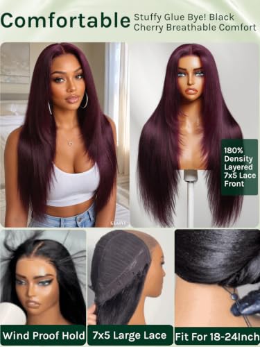 KLAIYI Bye Bye Knots Glueless Black Cherry Layered Straight 18 Inch Lace Front Wig