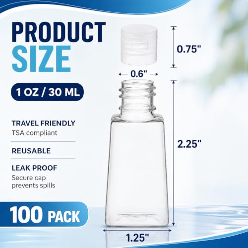 100 Pack 1 OZ Travel Plastic Bottles, Flip Cap Empty Refillable