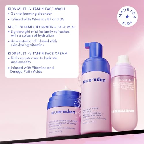 Evereden Kids Multi-Vitamin Hydrating Face Mist, Face Wash, & Kids Face Cream Set: Clean, Vegan, and Multivitamin-Rich Kids Skin Care Set for 6 & up - Moisturize & Refresh