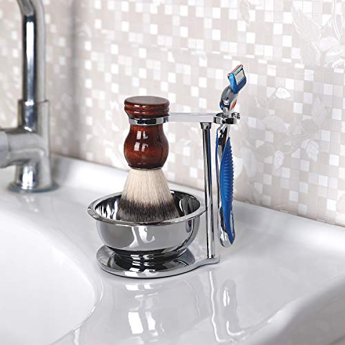 Deluxe Stainless Shave Razor Stand + Shaving Soap Bowl with Shaving Brush,Compatible with Gillette Fusion,Double Edge Safety Razor,Cartridge Razor