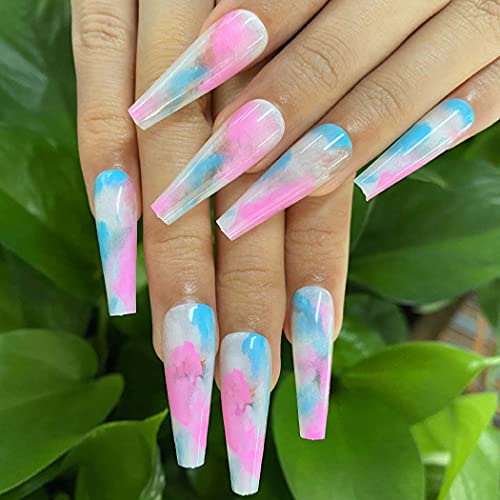 Outyua Glossy Smoke Pattern Fake Nails Coffin Extra Long Press on Nails with Design Ballerina Acrylic Super Long False Nails Designer Full Cover Artificial Nails for Women and Girls 24Pcs (Colorful)