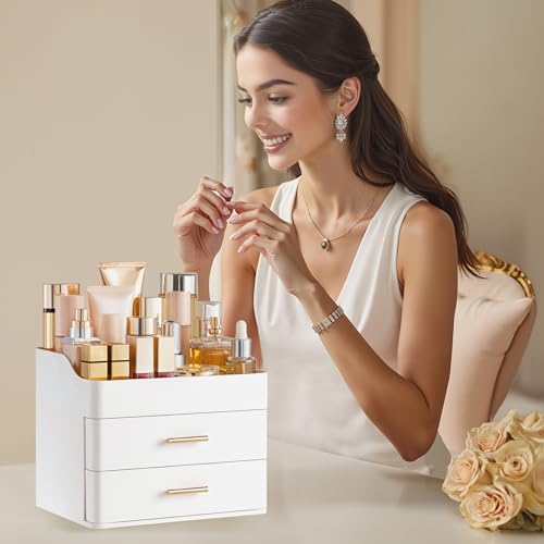 HBlife Makeup Organizer with 2 Drawers - White Acrylic Cosmetics Storage