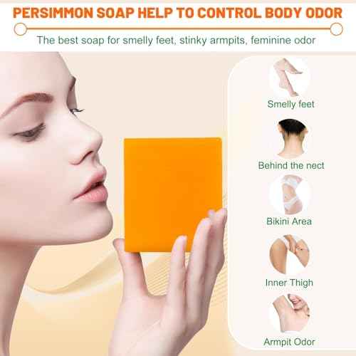 3Pack Natural Persimmon Soap Bar for Body Odor Control, Organic Deodorant Body Persimmon Bar Soap for Old People Smell, Remove Odor Bath Body Wash for Women & Men