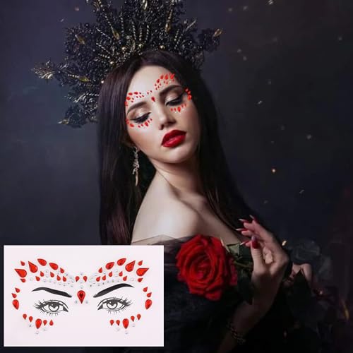Halloween Red Face Gems Stickers - 4 Sheets Rhinestone Tattoos