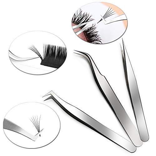 Quewel Eyelash Eyelash Extension Tweezers Set Eyelash Applicator Tool Curved and Straight pointed Tweezers Lash Extension Supplies Stainless Steel Precision Tweezers Silver (Mirrored,3 pcs)