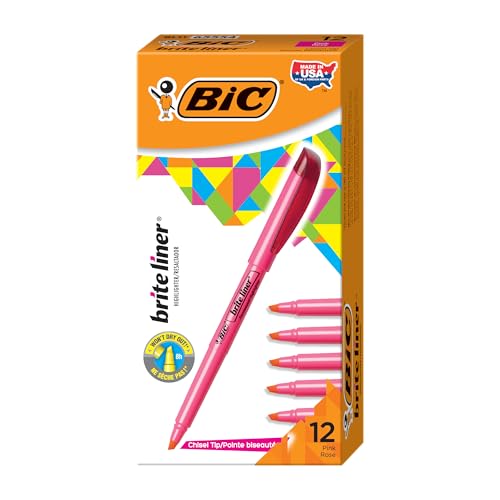 BIC Brite Liner Highlighters, Chisel Tip, 12-Count Pack of Pink Highlighters, Ideal Highlighter Set for Organizing and Coloring