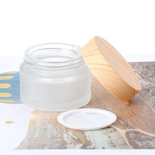 8 Pack 50 Gram/50 ml Round Empty Jars Frosted Glass Bottle Cosmetic Cream Jar Wood Grain Lid Cosmetic Container Glass Cream Box Refillable Lotion Cream Pot Jars for Makeup Lip Balm Eyeshadow