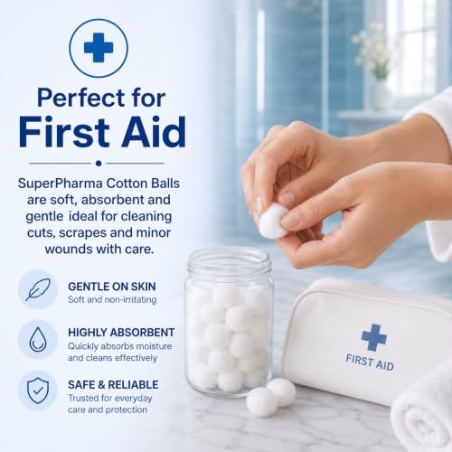 SuperPharma Premium Soft Cotton Balls 100 Count - Absorbent Skincare & First Aid