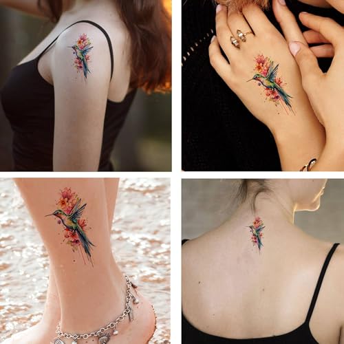 6 Pcs Colorful Hummingbird Flowers Temporary Tattoos Hands Party Favors for Men Women Fake Face Tattoos