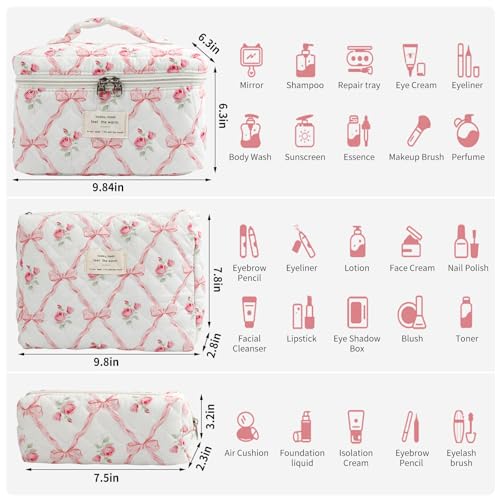 Large Quilted Makeup Bag Set for Women & Girls - Floral Cotton Cosmetic Organizer, Travel Toiletry Bags with Bows
