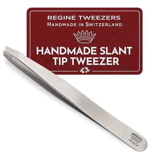 Professional Tweezers Slant Tip - Etched Tip Brow and Eyebrow Tool for Men and Women - Precision Tweezers for Fine Hair, Chin, Lash Extensions - Stainless Steel Handmade Beauty Tool