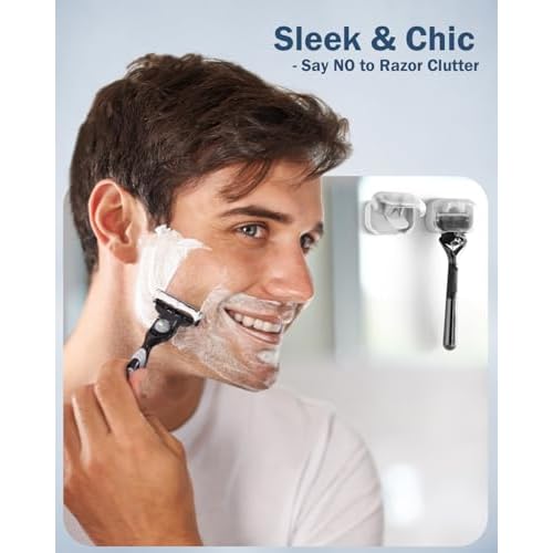 BEZOX Wall Mounted Razor Holder (2-Pack) ? Auto-Closing Dust Cover, No-Drill Adhesive Mount Razors Hanger for Shower & Bathroom ? Sleek Razor Stand for Men, Safety Razor Organizer with Secure Hooks