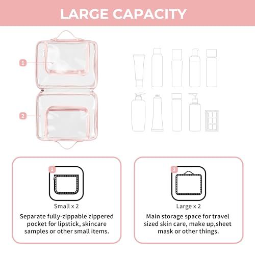GRANNY SAYS TSA Approved Toiletry Bag, Clear Makeup Bag, Travel Toiletry Bag for Women, Leather Travel Cosmetic Bag, Portable PVC Waterproof Bag, Large Makeup Organizer, Pink