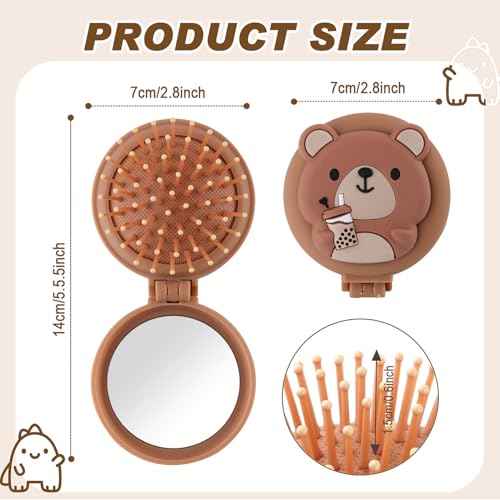 Mini travel hair brush for kids, Round Folding Pocket Mirror small toddler Hair Brush for Boys and Girls,Baby hair detangling brush Massage Hair Brush with Air Cushion for Thick Hair(Brown)