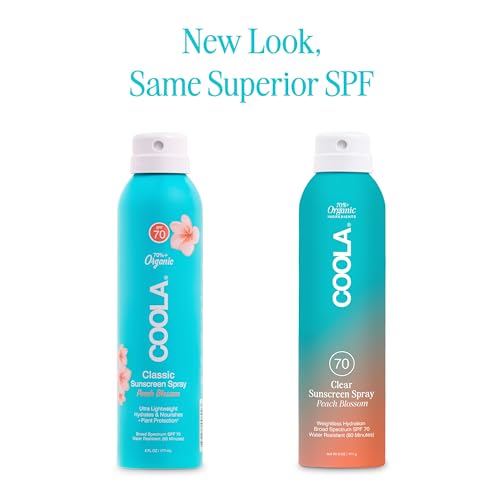 COOLA Organic Sunscreen SPF 70 Sunblock Spray, Dermatologist Tested Skin Care for Daily Protection, Vegan and Gluten Free, Peach Blossom