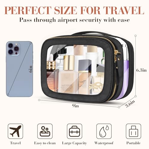Beaulyn Clear Makeup Bag for Women - Waterproof Travel Toiletry Bag, Transparent Leather Cosmetic Organizer with Handle, Large Makeup Pouch for Travel