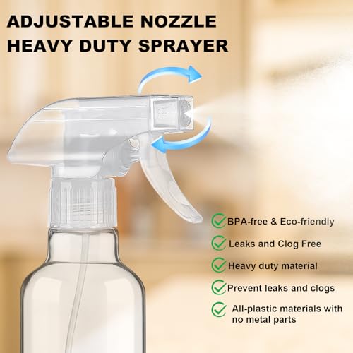 Hethyo 12oz Glass Spray Bottles - Refillable Mist & Stream Nozzle (2 Pack)