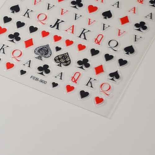 Poker Nail Stickers for Nail Art Palying Card Nail Decals Hearts Spades Clubs Diamonds Stickers for Nails Designs 3D Self Adhesive Nail Supplies & Decorations for Women Girls 1 Sheet
