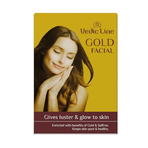 Vedic Line Gold Facial Kit Beautiful Golden Glowing Brightening Skin with Saffron, Almond and Sandalwood Ingredients (Cleanser, Scrub, Cream, Massage Gel, Pack, Serum), 49ml