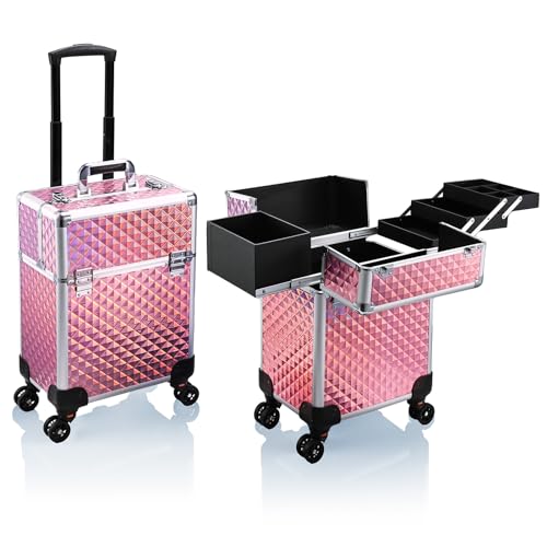 Stagiant Rolling Makeup Train Case with 4 Trays & Swivel Wheels